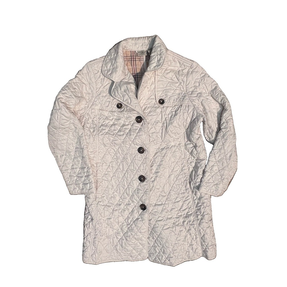L.L.Bean Womens XL Regular Quilted Jacket Ivory Plaid Lined Button Front Coat